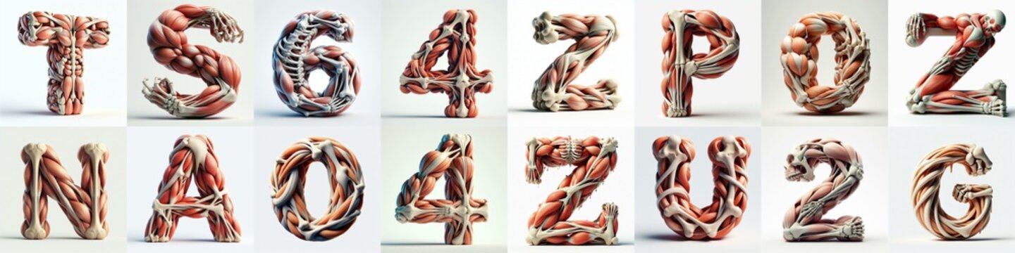 3D lettering what blend Bones and Muscles. AI generated illustration