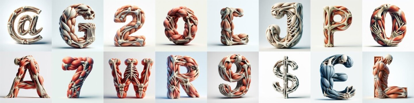 3D lettering what blend Bones and Muscles. AI generated illustration