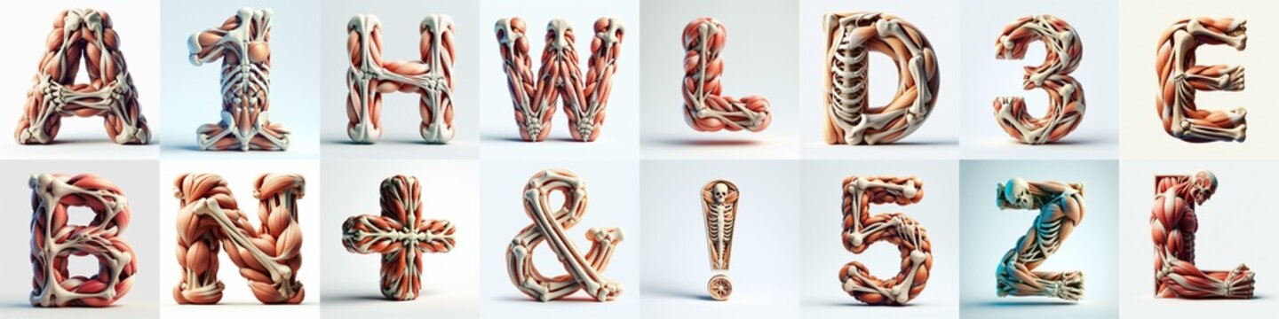 3D lettering what blend Bones and Muscles. AI generated illustration