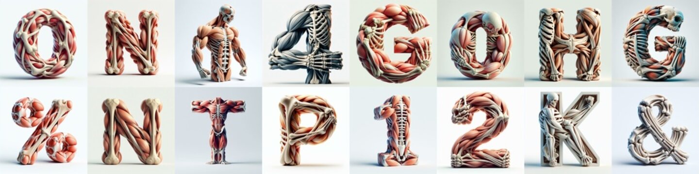 3D lettering what blend Bones and Muscles. AI generated illustration