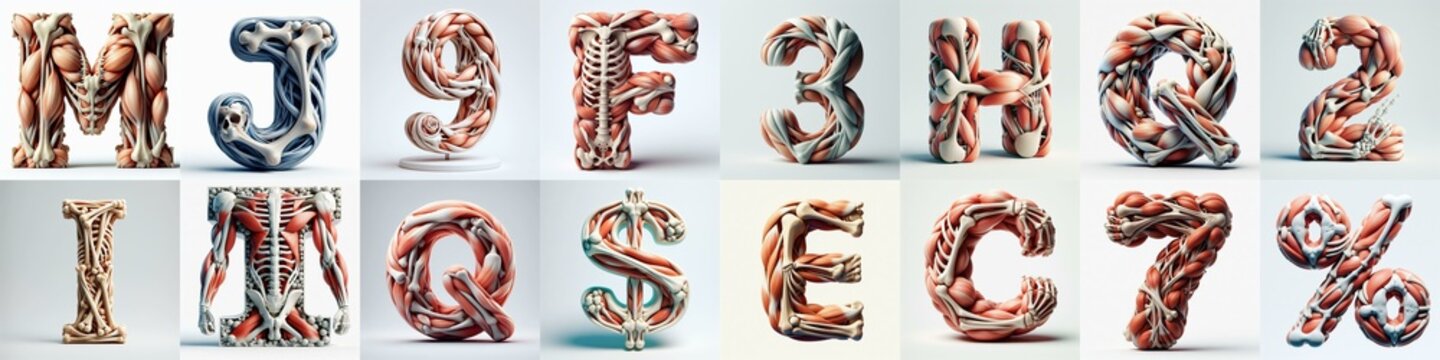 3D lettering what blend Bones and Muscles. AI generated illustration