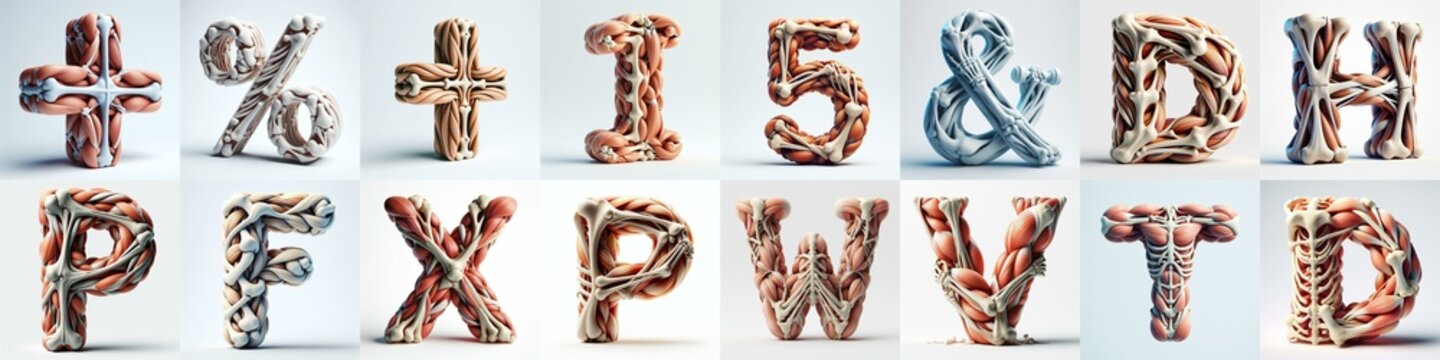 3D lettering what blend Bones and Muscles. AI generated illustration