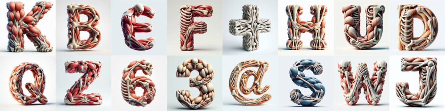 3D lettering what blend Bones and Muscles. AI generated illustration