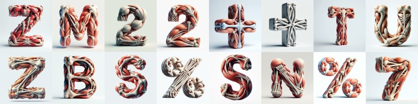 3D lettering what blend Bones and Muscles. AI generated illustration