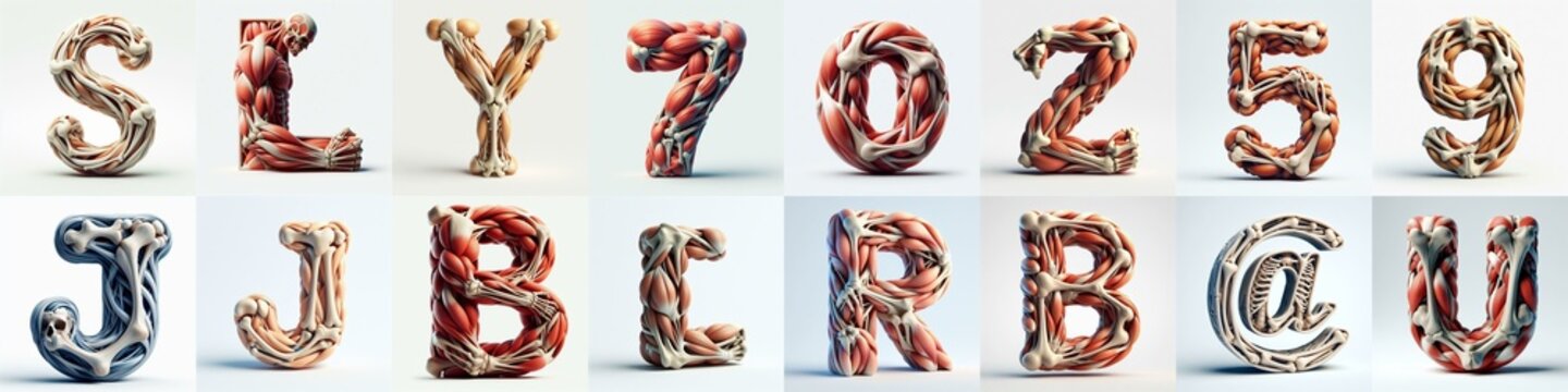 3D lettering what blend Bones and Muscles. AI generated illustration