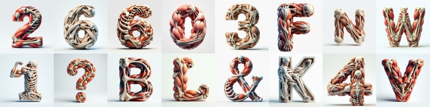 3D lettering what blend Bones and Muscles. AI generated illustration