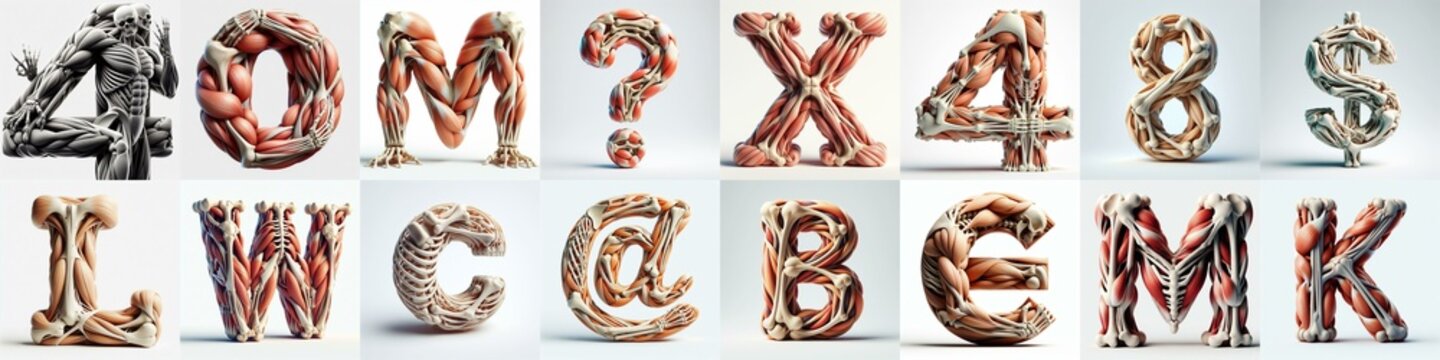 3D lettering what blend Bones and Muscles. AI generated illustration