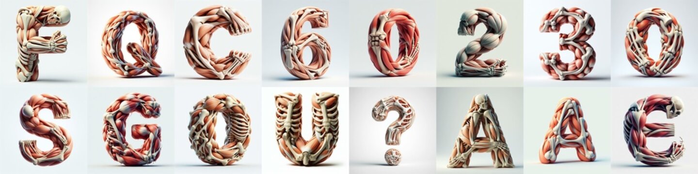 3D lettering what blend Bones and Muscles. AI generated illustration