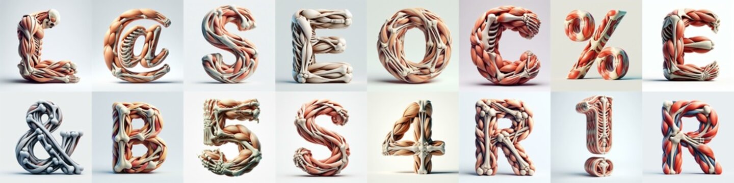 3D lettering what blend Bones and Muscles. AI generated illustration