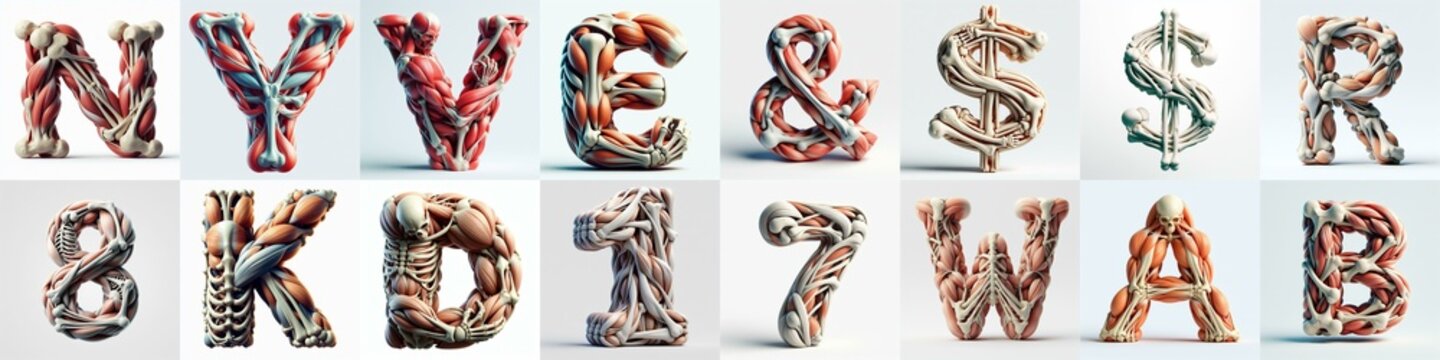 3D lettering what blend Bones and Muscles. AI generated illustration