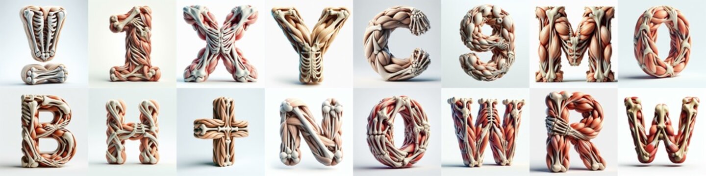 3D lettering what blend Bones and Muscles. AI generated illustration