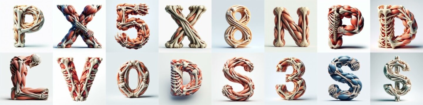 3D lettering what blend Bones and Muscles. AI generated illustration