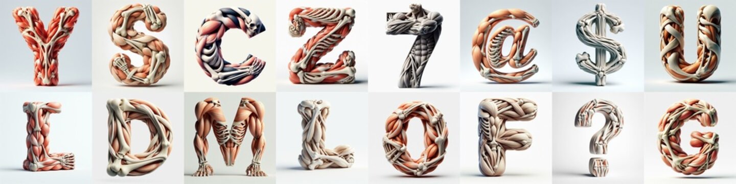 3D lettering what blend Bones and Muscles. AI generated illustration