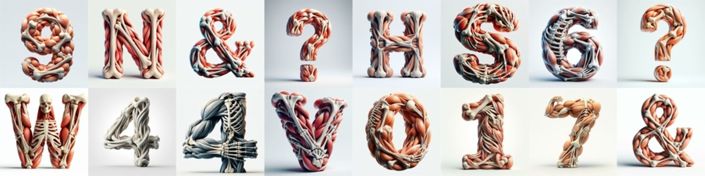 3D lettering what blend Bones and Muscles. AI generated illustration