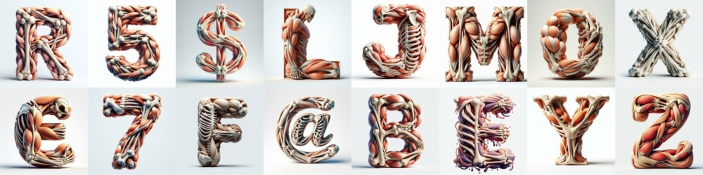3D lettering what blend Bones and Muscles. AI generated illustration