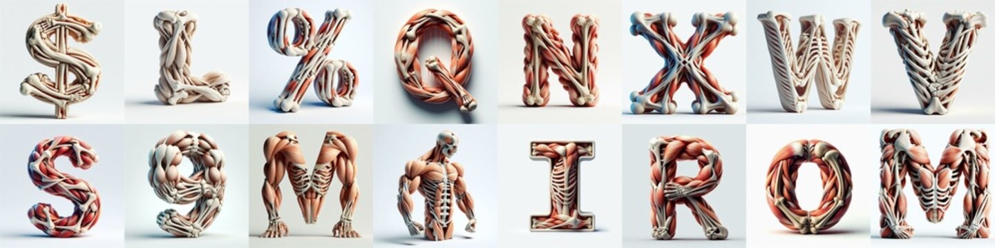 3D lettering what blend Bones and Muscles. AI generated illustration