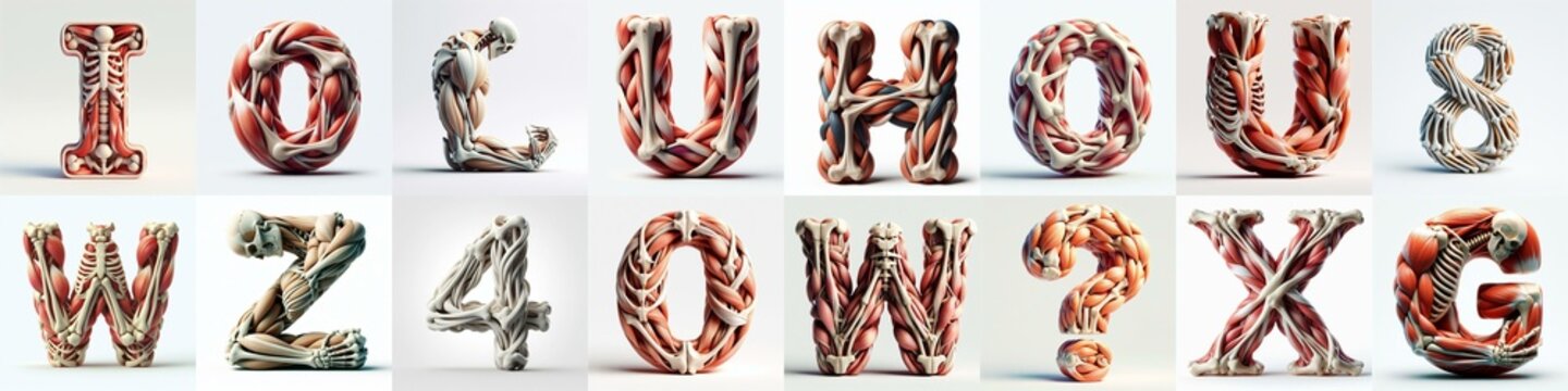 3D lettering what blend Bones and Muscles. AI generated illustration