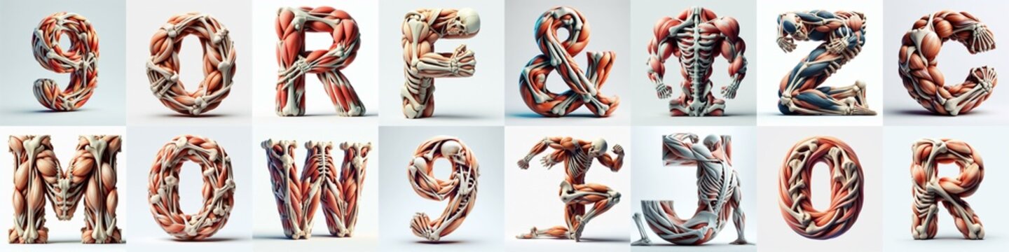 3D lettering what blend Bones and Muscles. AI generated illustration