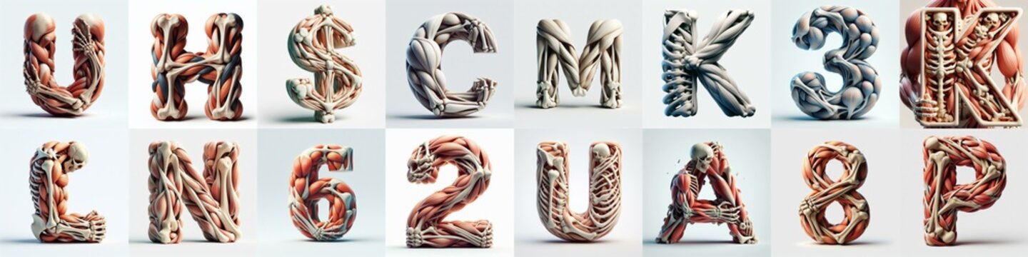 3D lettering what blend Bones and Muscles. AI generated illustration
