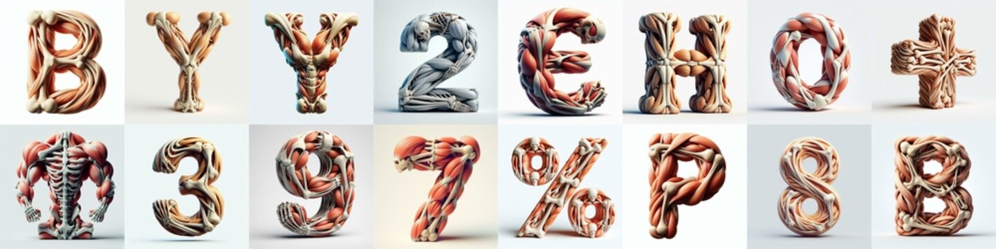 3D lettering what blend Bones and Muscles. AI generated illustration