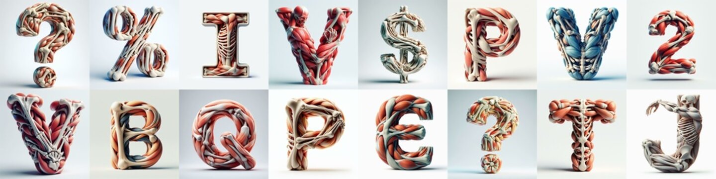 3D lettering what blend Bones and Muscles. AI generated illustration