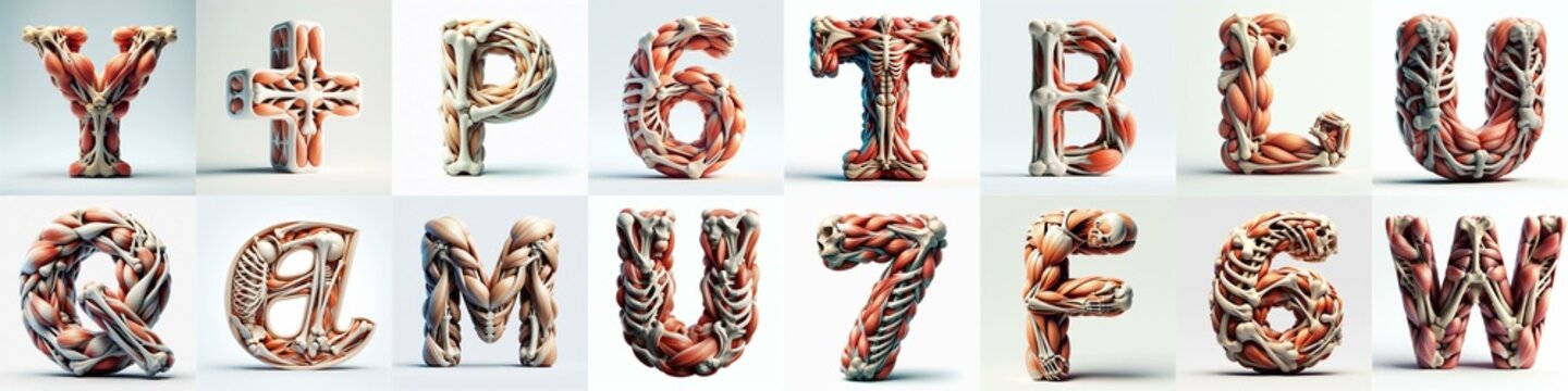 3D lettering what blend Bones and Muscles. AI generated illustration
