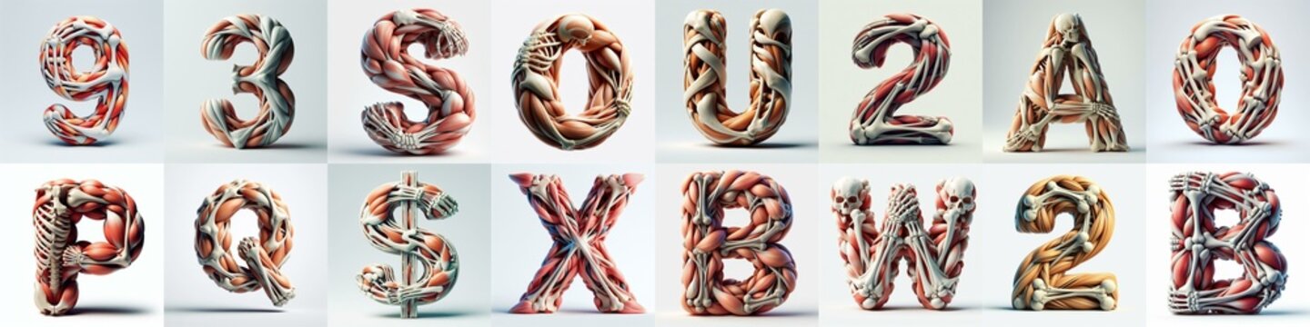 3D lettering what blend Bones and Muscles. AI generated illustration
