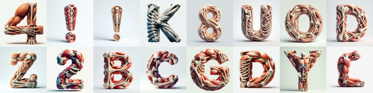 3D lettering what blend Bones and Muscles. AI generated illustration