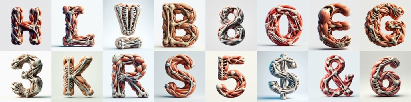 3D lettering what blend Bones and Muscles. AI generated illustration