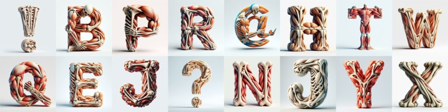 3D lettering what blend Bones and Muscles. AI generated illustration