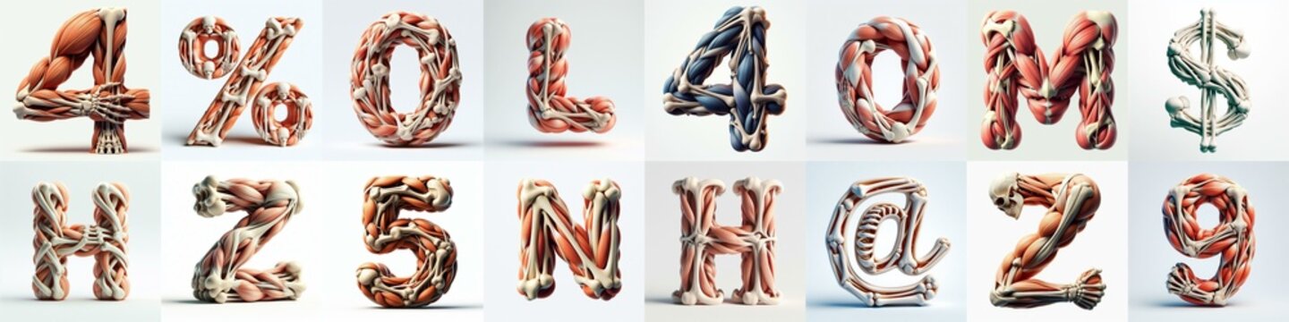 3D lettering what blend Bones and Muscles. AI generated illustration