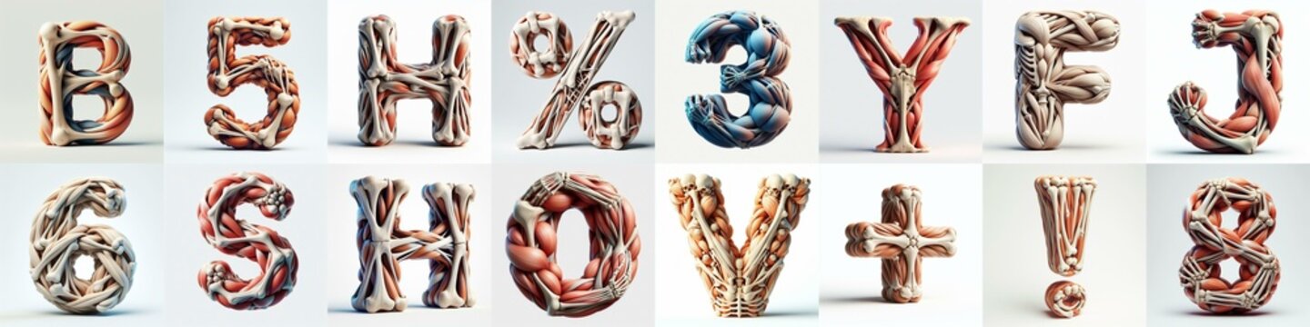 3D lettering what blend Bones and Muscles. AI generated illustration