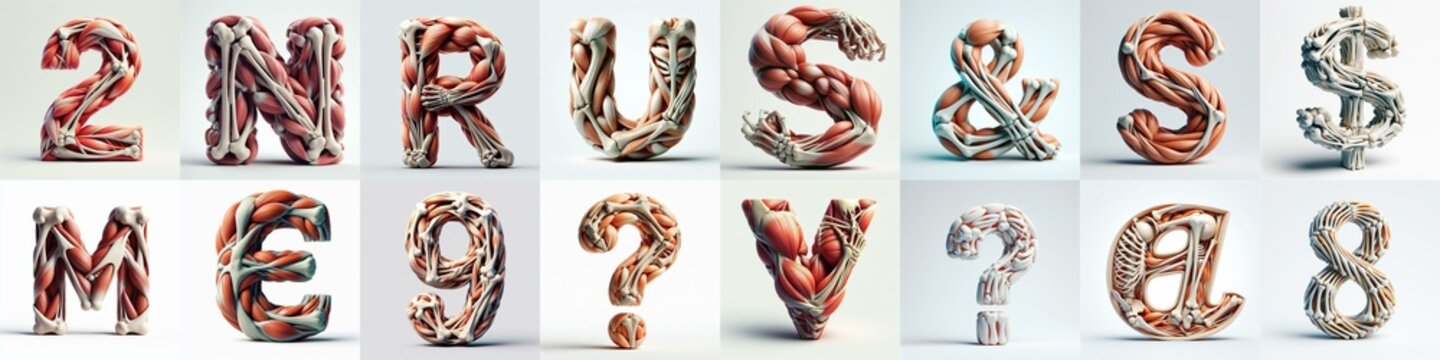 3D lettering what blend Bones and Muscles. AI generated illustration