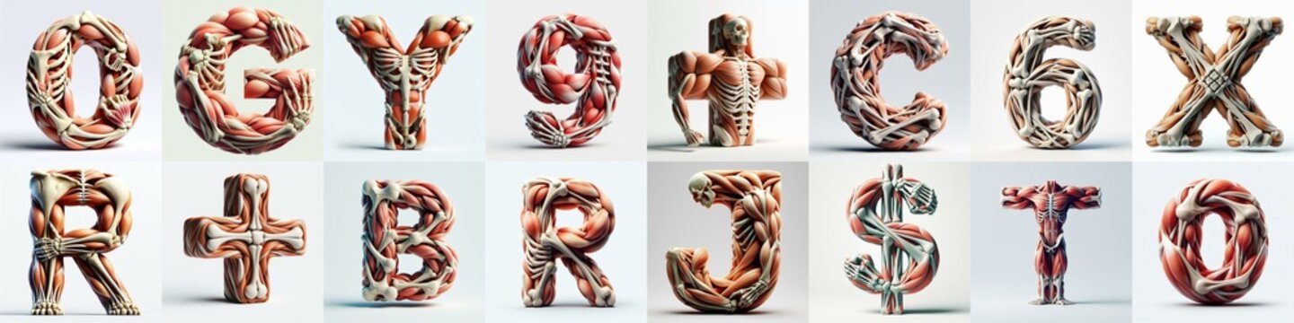 3D lettering what blend Bones and Muscles. AI generated illustration