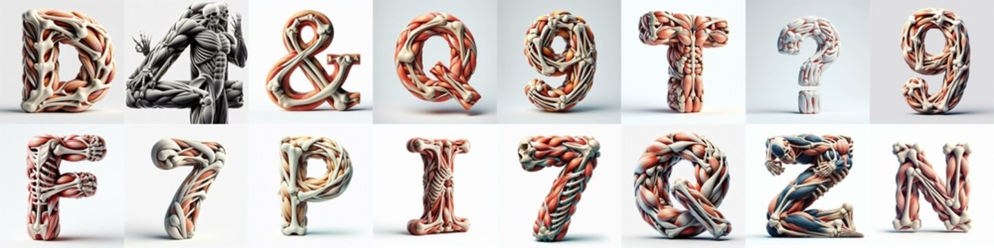 3D lettering what blend Bones and Muscles. AI generated illustration