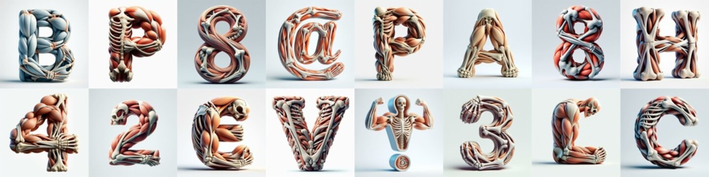 3D lettering what blend Bones and Muscles. AI generated illustration