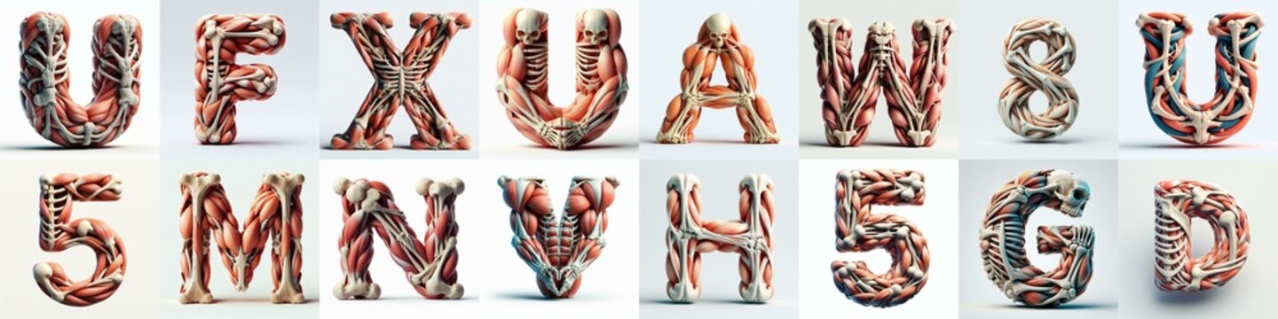 3D lettering what blend Bones and Muscles. AI generated illustration