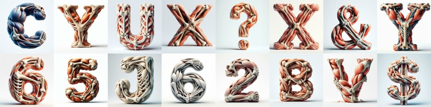 3D lettering what blend Bones and Muscles. AI generated illustration