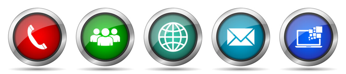 Fototapete - Social media icon set, miscellaneous icons such as phone, people, globe, envelope and laptop, silver metallic, colorful glossy web buttons collection