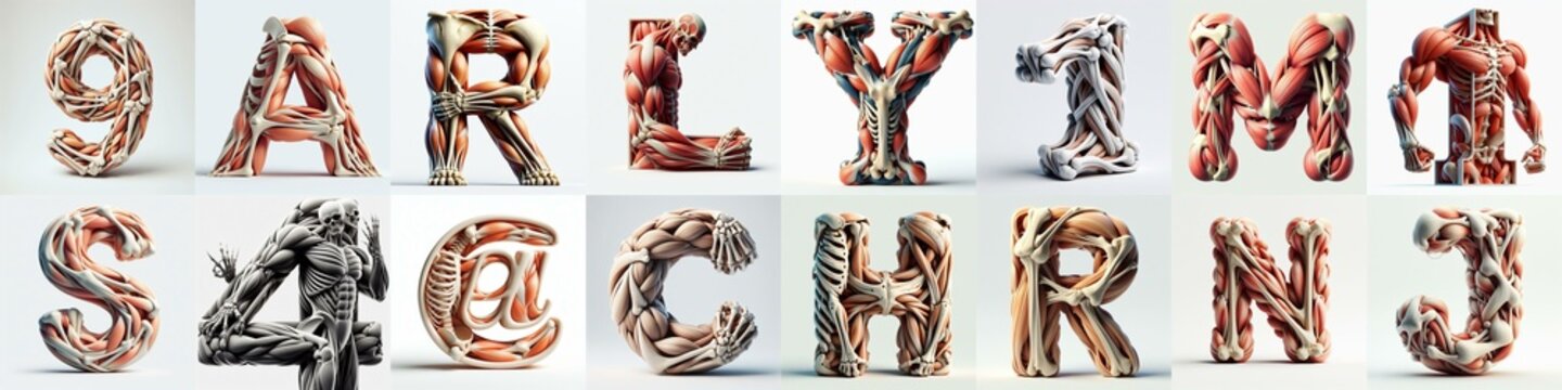3D lettering what blend Bones and Muscles. AI generated illustration