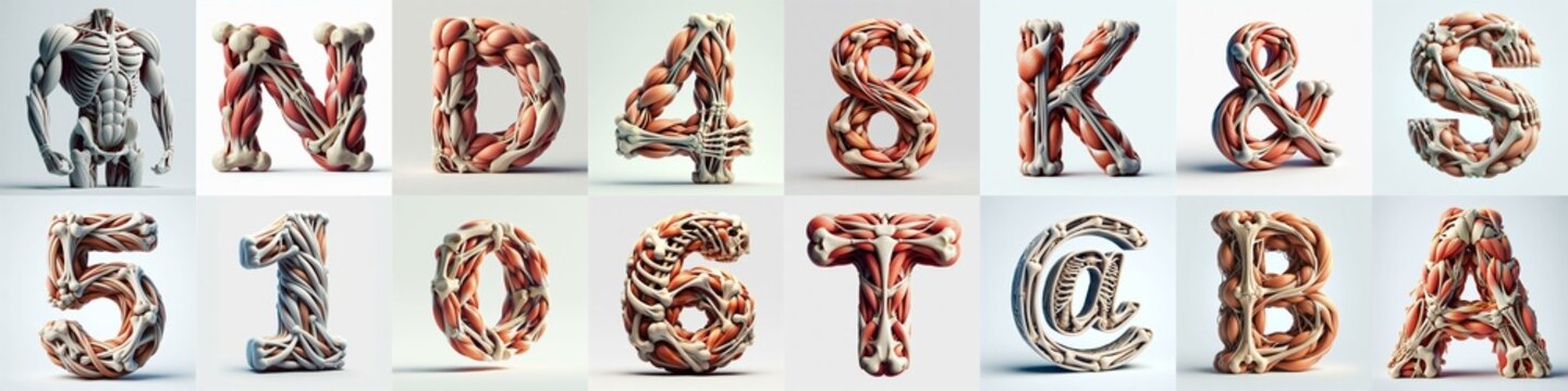 3D lettering what blend Bones and Muscles. AI generated illustration