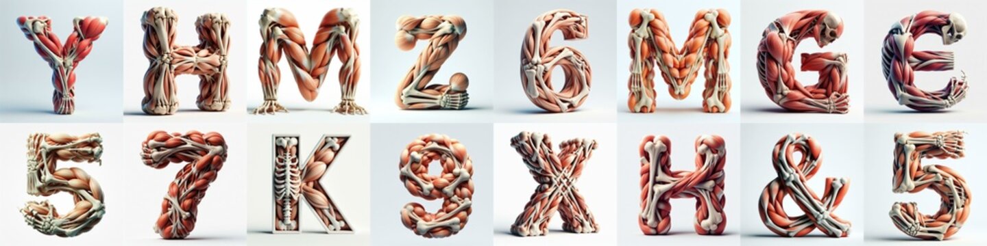 3D lettering what blend Bones and Muscles. AI generated illustration