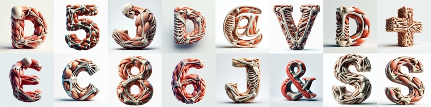 3D lettering what blend Bones and Muscles. AI generated illustration