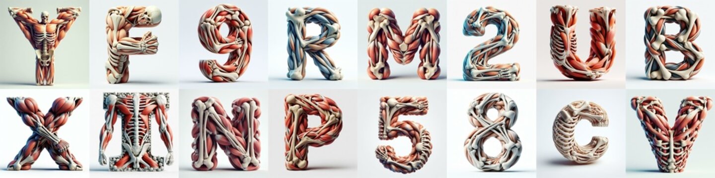 3D lettering what blend Bones and Muscles. AI generated illustration