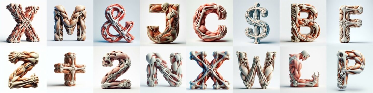 3D lettering what blend Bones and Muscles. AI generated illustration