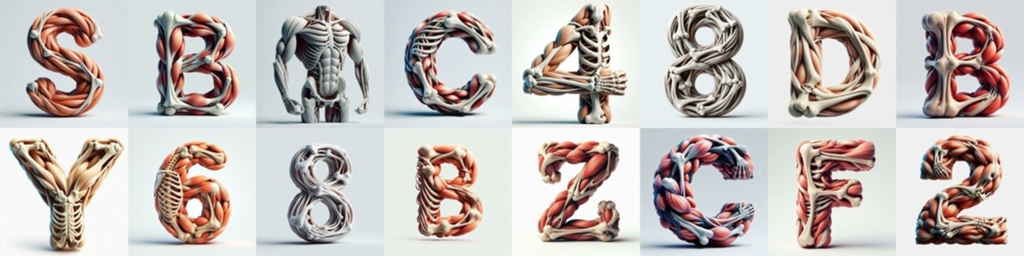 3D lettering what blend Bones and Muscles. AI generated illustration