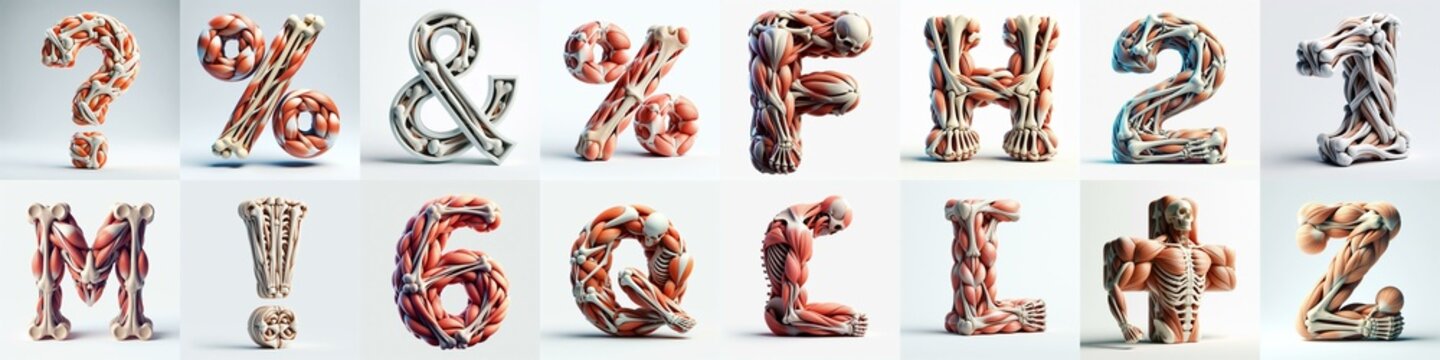 3D lettering what blend Bones and Muscles. AI generated illustration