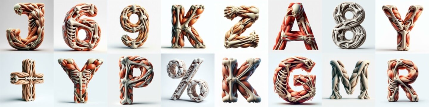 3D lettering what blend Bones and Muscles. AI generated illustration