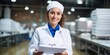 Efficient Food Processing Technologist Ensures Quality Control And Satisfaction In Factory. Сoncept Food Safety Measures, Quality Assurance, Efficient Production Techniques, Customer Satisfaction