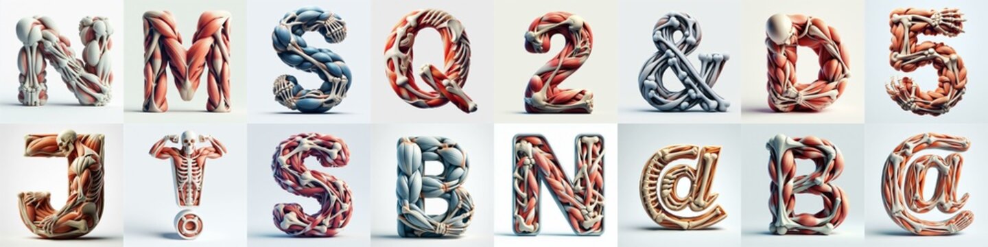 3D lettering what blend Bones and Muscles. AI generated illustration